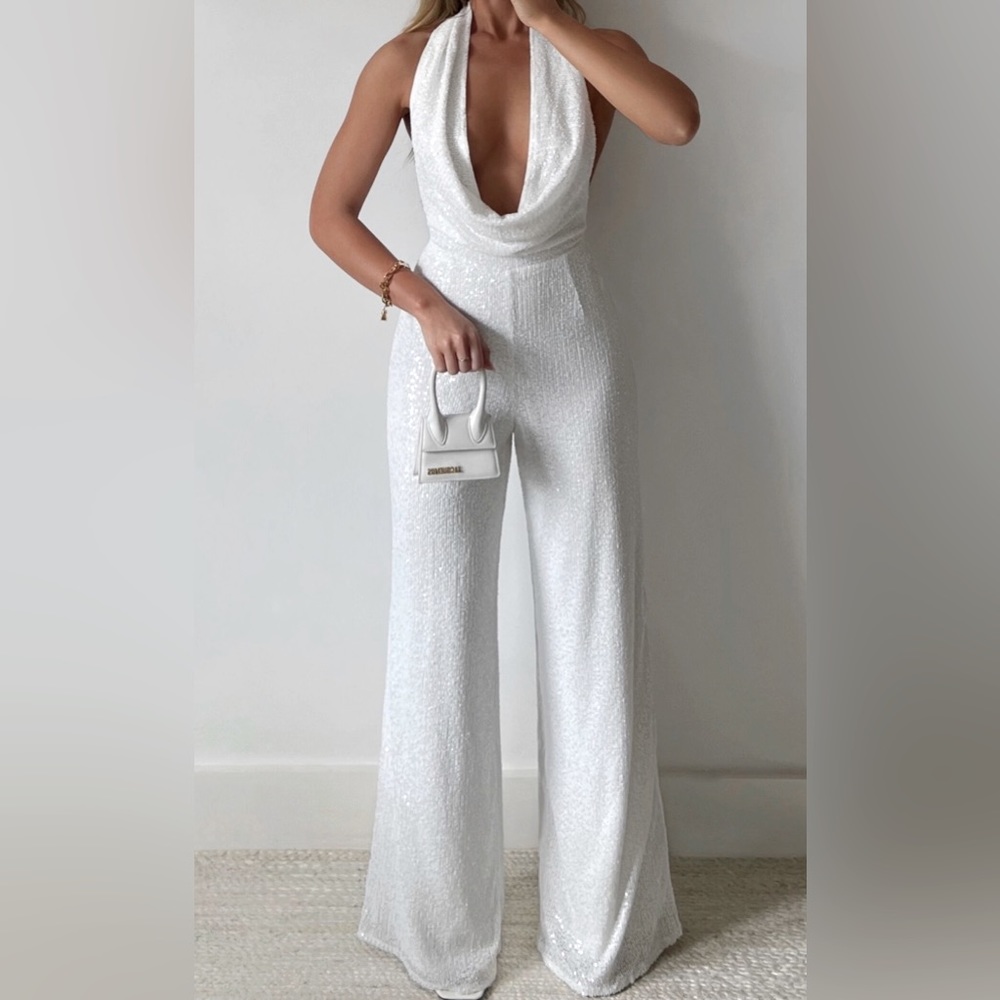 Julien Backless Wide Leg Cowl Neck Sequin Jumpsuit